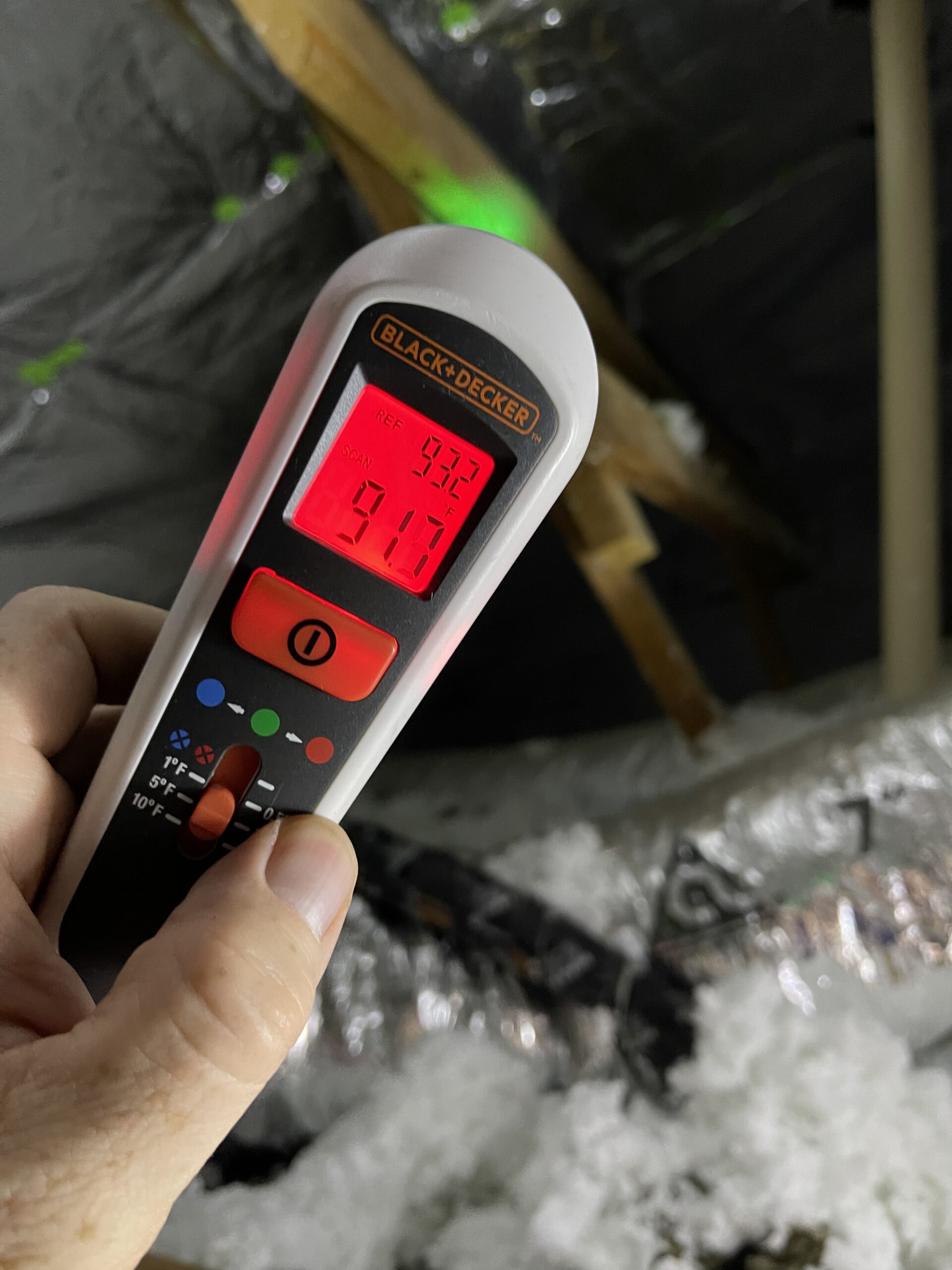 Heat Gun Showing Attic Temperature Cooler Home in Summer in Ft. Worth, Saginaw TX